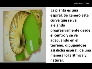 La planta es una espiral. Se generó esta curva que se va alejando progresivamente desde el centro y se va adecuando en el terreno, dibujándose así dicha espiral, de una manera logarítmica y natural. Análisis de la Obra  