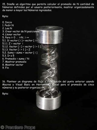 15. Diseñe un algoritmo que permita calcular el promedio de N cantidad de Números definidos por el usuario posteriormente, mostrar organizadamente de menor a mayor los Números ingresados.Rpta:0. Inicio1. Pedir N2. Lea N3. Crear vector de N posiciones 4. Llenar vector 5. Para i= 0  ;  i=N ; i ++5.1. Si vector ( i ) > vector [ i + 1 ] 5.1.1. Z = vector  i5.1.2. Vector [ i ] = vector [ i + 1 ] 5.1.3. Vector [ i + 1 ] = Z5.2. Suma = suma + vector [ i ]5.3. Ir a 5 6. Promedio = suma / N 7. Mostrar promedio8. Mostrar vector9. Fin16. Plantear un diagrama de flujo y codificación del punto anterior usando Macros y Visual Basic en Herramienta Excel para el promedio de cinco números y su posterior organización.Rpta: