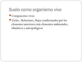 Suelo como organismo vivo
Componentes vivos
Ciclos , Relaciones, flujos condicionados por los
  elementos anteriores más elementos ambientales,
  climáticos y antropológicos
 