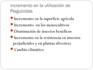 incremento en la utilización de
Plaguicidas
Incremento en la superficie agrícola
Incremento en los monocultivos
Disminución de insectos benéficos
Incremento en la resistencia en insectos
 perjudiciales y en plantas silvestres
Cambio climático
 