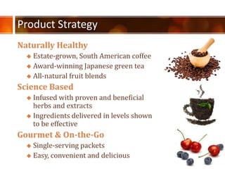 Product Strategy
Naturally Healthy
? Estate-grown, South American coffee
? Award-winning Japanese green tea
? All-natural fruit blends
Science Based
? Infused with proven and beneficial
herbs and extracts
? Ingredients delivered in levels shown
to be effective
Gourmet & On-the-Go
? Single-serving packets
? Easy, convenient and delicious
 