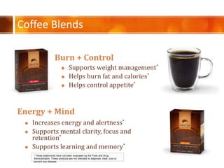Coffee Blends
Burn + Control
* These statements have not been evaluated by the Food and Drug
Administration. These products are not intended to diagnose, treat, cure or
prevent any disease.
Energy + Mind
? Increases energy and alertness*
? Supports mental clarity, focus and
retention*
? Supports learning and memory*
? Supports weight management*
? Helps burn fat and calories*
? Helps control appetite*
 