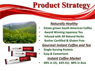 Product Strategy
Naturally Healthy
• Estate-grown South American Coffee
• Award Winning Japanese Tea
• Infused with All Natural Herbs
• Kosher Certified & Gluten Free
Gourmet Instant Coffee and Tea
• Single-Serving Packets
• Easy & Convenient
Instant Coffee Market
• 40% in US; 63% EU; 80% in Asia
 