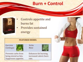 Burn + Control
FEATURED HERBS:
Garcinia
Cambogia
Yerba
Mate
Prevents carbs from
being stored as fats.
Suppresses appetite.
Enhances fat burning,
increased caloric burn
rate.
• Controls appetite and
burns fat
• Provides sustained
energy
 
