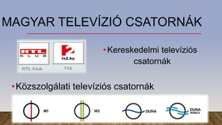 MAGYAR TELEVÍZIÓ CSATORNÁK
•Közszolgálati televíziós csatornák
•Kereskedelmi televíziós
csatornák
 