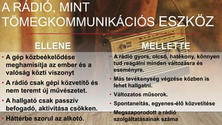 A RÁDIÓ, MINT
TÖMEGKOMMUNIKÁCIÓS ESZKÖZ
• A gép közbeékelődése
meghamisítja az ember és a
valóság közti viszonyt
• A rádió csak gépi közvetítő és
nem teremt új művészetet.
• A hallgató csak passzív
befogadó, aktivitása csökken.
• Háttérbe szorul az alkotó.
• A rádió gyors, olcsó, hatékony, könnyen
tud reagálni minden változásra és
eseményre.
• Más tevékenység végzése közben is
lehet hallgatni.
• Változatos műsorok.
• Spontaneitás, egyenes-élő közvetítése
• Megszaporodott a rádió
szolgáltatásainak száma
ELLENE MELLETTE
 