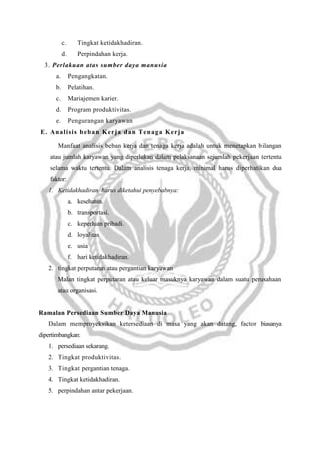 c.

Tingkat ketidakhadiran.

d.

Perpindahan kerja.

3. Perlakuan atas sumber daya manusia
a.

Pengangkatan.

b.

Pelatihan.

c.

Mariajemen karier.

d.

Program produktivitas.

e.

Pengurangan karyawan

E . An al i si s b eb an K er ja d an T en ag a K e r ja
Manfaat analisis beban kerja dan tenaga kerja adalah untuk menetapkan bilangan
atau jumlah karyawan yang diperlukan dalam pelaksanaan sejumlah pekerjaan tertentu
selama waktu tertentu. Dalam analisis tenaga kerja, minimal harus diperhatikan dua
faktor:
1. Ketidakhadiran harus diketahui penyebabnya:
a. kesehatan.
b. transportasi.
c. keperluan pribadi.
d. loyalitas
e. usia
f. hari ketidakhadiran.
2. tingkat perputaran atau pergantian karyawan
Malan tingkat perputaran atau keluar masuknya karyawan dalam suatu perusahaan
atau organisasi.

Ramalan Persediaan Sumber Daya Manusia
Dalam memproyeksikan ketersediaan di masa yang akan datang, factor biasanya
dipertimbangkan:
1. persediaan sekarang.
2. Tingkat produktivitas.
3. Tingkat pergantian tenaga.
4. Tingkat ketidakhadiran.
5. perpindahan antar pekerjaan.

 