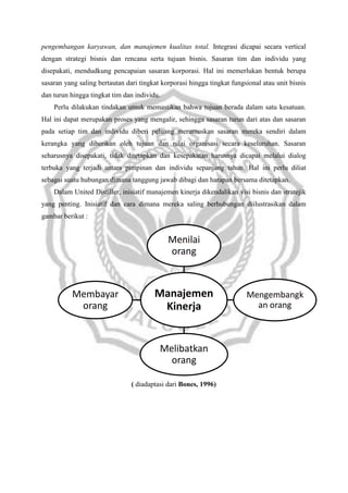 pengembangan karyawan, dan manajemen kualitas total. Integrasi dicapai secara vertical
dengan strategi bisnis dan rencana serta tujuan bisnis. Sasaran tim dan individu yang
disepakati, mendudkung pencapaian sasaran korporasi. Hal ini memerlukan bentuk berupa
sasaran yang saling bertautan dari tingkat korporasi hingga tingkat fungsional atau unit bisnis
dan turun hingga tingkat tim dan individu.
Perlu dilakukan tindakan utnuk memastikan bahwa tujuan berada dalam satu kesatuan.
Hal ini dapat merupakan proses yang mengalir, sehingga sasaran turun dari atas dan sasaran
pada setiap tim dan individu diberi peluang merumuskan sasaran mereka sendiri dalam
kerangka yang diberikan oleh tujuan dan nilai organisasi secara keseluruhan. Sasaran
seharusnya disepakati, tidak ditetapkan dan kesepakatan harusnya dicapai melalui dialog
terbuka yang terjadi antara pimpinan dan individu sepanjang tahun. Hal ini perlu diliat
sebagai suatu hubungan dimana tanggung jawab dibagi dan harapan bersama ditetapkan.
Dalam United Distiller, inisiatif manajemen kinerja dikendalikan visi bisnis dan stratejik
yang penting. Inisiatif dan cara dimana mereka saling berhubungan diilustrasikan dalam
gambar berikut :

Menilai
orang

Membayar
orang

Manajemen
Kinerja

Melibatkan
orang
( diadaptasi dari Bones, 1996)

Mengembangk
an orang

 