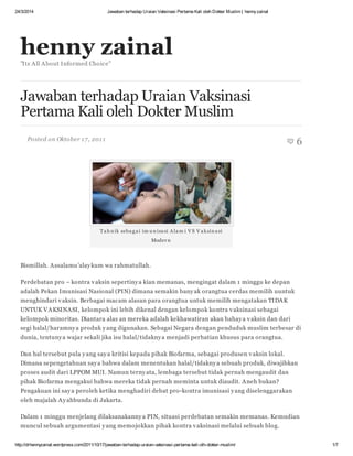 24/3/2014 Jawaban terhadap Uraian Vaksinasi Pertama Kali oleh Dokter Muslim | hennyzainal
http://drhennyzainal.wordpress.com/2011/10/17/jawaban-terhadap-uraian-vaksinasi-pertama-kali-olh-dokter-muslim/ 1/7
henny zainal"Its All About Informed Choice"
Jawaban terhadap Uraian Vaksinasi
Pertama Kali oleh Dokter Muslim
Posted on Oktober 17, 2011
6
Tahnik sebagai im u nisasi Alam i V S V aksinasi
Modern
Bismillah. Assalamu’alaykum wa rahmatullah.
Perdebatan pro – kontra vaksin sepertinya kian memanas, mengingat dalam 1 minggu ke depan
adalah Pekan Imunisasi Nasional (PIN) dimana semakin banyak orangtua cerdas memilih uuntuk
menghindari vaksin. Berbagai macam alasan para orangtua untuk memilih mengatakan TIDAK
UNTUK VAKSINASI, kelompok ini lebih dikenal dengan kelompok kontra vaksinasi sebagai
kelompok minoritas. Diantara alas an mereka adalah kekhawatiran akan bahaya vaksin dan dari
segi halal/haramnya produk yang digunakan. Sebagai Negara dengan penduduk muslim terbesar di
dunia, tentunya wajar sekali jika isu halal/tidaknya menjadi perhatian khusus para orangtua.
Dan hal tersebut pula yang saya kritisi kepada pihak Biofarma, sebagai produsen vaksin lokal.
Dimana sepengetahuan saya bahwa dalam menentukan halal/tidaknya sebuah produk, diwajibkan
proses audit dari LPPOM MUI. Namun ternyata, lembaga tersebut tidak pernah mengaudit dan
pihak Biofarma mengakui bahwa mereka tidak pernah meminta untuk diaudit. Aneh bukan?
Pengakuan ini saya peroleh ketika menghadiri debat pro-kontra imunisasi yang diselenggarakan
oleh majalah Ayahbunda di Jakarta.
Dalam 1 minggu menjelang dilaksanakannya PIN, situasi perdebatan semakin memanas. Kemudian
muncul sebuah argumentasi yang memojokkan pihak kontra vaksinasi melalui sebuah blog.
 