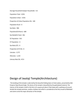 Average Household Size(per Household) - 5.0
Population-Total - 4,931
Population-Urban - 4,931
Proportion of Urban Population (%) - 100
Population-Rural - 0
Sex Ratio - 906
Population(0-6Years) - 608
Sex Ratio(0-6 Year) - 961
SC Population - 812
ST Population - 0
Sex Ratio (ST) - 0
Proportion of ST (%) - 0
Literates - 3,777
Illiterates - 1,154
Literacy Rate (%) - 87.0

Design of Jwalaji Temple(Architecture)
The building of the temple is adorned by the beautiful folding doors of silver plates, presented by Sikh
Emperor Raja Kharak Singh,.The dome of the temple is beautified by the gold plated material. The
interior of the temple is built in the form of a square pit about 3 feet deep with a pathway all around.
Amidst the temple premises, nestles a hollow rock which is considered as the fiery mouth of Mahakali
and claims to be the major attraction of the temple.

 