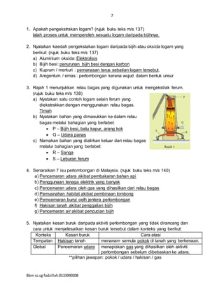 7
Bbm sc.cg fadzillah.0133990208
1. Apakah pengekstrakan logam? (rujuk buku teks m/s 137)
Ialah proses untuk memperoleh sesuatu logam daripada bijihnya.
2. Nyatakan kaedah pengekstakan logam daripada bijih atau oksida logam yang
berikut: (rujuk buku teks m/s 137)
a) Aluminium oksida: Elektrolisis
b) Bijih besi: penurunan bijih besi dengan karbon
c) Kuprum / merkuri : pemanasan terus sebatian logam tersebut.
d) Aregentum / emas : perlombongan kerana wujud dalam bentuk unsur
3. Rajah 1 menunjukkan relau bagas yang digunakan untuk mengekstrak ferum.
(rujuk buku teks m/s 138)
a) Nyatakan satu contoh logam selain ferum yang
diekstrakkan dengan menggunakan relau bagas.
Timah
b) Nyatakan bahan yang dimasukkan ke dalam relau
bagas melalui bahagian yang berlabel:
 P – Bijih besi, batu kapur, arang kok
 Q – Udara panas
c) Namakan bahan yang dialirkan keluar dari relau bagas
melalui bahagian yang berlabel:
 R – Sanga
 S – Leburan ferum
4. Senaraikan 7 isu perlombongan di Malaysia. (rujuk buku teks m/s 140)
a) Pencemaran udara akibat pembakaran bahan api
b) Penggunaan tenaga elektrik yang banyak
c) Pencemaran udara oleh gas yang dihasilkan dari relau bagas
d) Pemusnahan habitat akibat pembinaan lombong
e) Pemcemaran bunyi oelh jentera perlombongan
f) Hakisan tanah akibat penggalian bijih
g) Pencemaran air akibat pencucian bijih
5. Nyatakan kesan buruk daripada aktiviti perlombongan yang tidak dirancang dan
cara untuk menyelesaikan kesan buruk tersebut dalam konteks yang berikut:
Konteks Kesan buruk Cara atasi
Tempatan Hakisan tanah menanam semula pokok di tanah yang berkenaan.
Global Pencemaran udara menapiskan gas yang dihasilkan oleh aktiviti
perlombongan sebelum dibebaskan ke udara.
**pilihan jawapan: pokok / udara / hakisan / gas
 