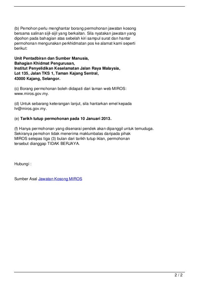 Jawatan Kosong MIROS