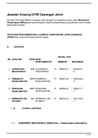 Jawatan Kosong UITM Cawangan Johor
Universiti Teknologi MARA Cawangan Johor dengan ini mempelawa calon-calon Bumiputera
Warganegara Malaysia yang berkelayakan dalam bidang-bidang yang berkaitan untuk mengisi
kekosongan jawatan




TETAP/KONTRAK/SEMENTARA di KAMPUS JOHOR BAHRU, UiTM CAWANGAN
JOHOR bagi memenuhi Wawasan2020 negara.




A.      JAWATAN



                                                      JADUAL GAJI
BIL. JAWATAN           GRED SKIM
                            PERKHIDMATAN              MINIMUM       MAKSIMUM


 1. JURURAWAT           U19 JURURAWAT            P1    RM935.57     - RM2,560.1
    MASYARAKAT              MASYARAKAT                                8


 2. PEMBANTU           KP17 PEMBANTU             P1    RM927.03     - RM2,526.0
    KESELAMATAN             KESELAMATAN                               3


 3. PENGAWAL           KP11 PENGAWAL             P1    RM836.90     - RM2,017.1
    KESELAMATAN             KESELAMATAN                               1


 4. PEMBANTU AM          N1 PEMBANTU AM          P1    RM733.54     - RM1,782.6
    PEJABAT                 PEJABAT                                   7


     1. B.      SYARAT LANTIKAN




     1. 1.   JURURAWAT MASYARAKAT (GRED U19) – 1 Kekosongan (Johor Bahru)




                                                                                  1/9
 