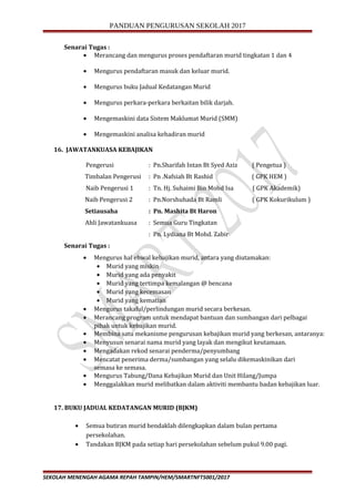 PANDUAN PENGURUSAN SEKOLAH 2017
Senarai Tugas :
• Merancang dan mengurus proses pendaftaran murid tingkatan 1 dan 4
• Mengurus pendaftaran masuk dan keluar murid.
• Mengurus buku Jadual Kedatangan Murid
• Mengurus perkara-perkara berkaitan bilik darjah.
• Mengemaskini data Sistem Maklumat Murid (SMM)
• Mengemaskini analisa kehadiran murid
16. JAWATANKUASA KEBAJIKAN
Pengerusi : Pn.Sharifah Intan Bt Syed Aziz ( Pengetua )
Timbalan Pengerusi : Pn .Nafsiah Bt Rashid ( GPK HEM )
Naib Pengerusi 1 : Tn. Hj. Suhaimi Bin Mohd Isa ( GPK Akademik)
Naib Pengerusi 2 : Pn.Norshuhada Bt Ramli ( GPK Kokurikulum )
Setiausaha : Pn. Mashita Bt Haron
Ahli Jawatankuasa : Semua Guru Tingkatan
: Pn. Lydiana Bt Mohd. Zabir
Senarai Tugas :
• Mengurus hal ehwal kebajikan murid, antara yang diutamakan:
• Murid yang miskin
• Murid yang ada penyakit
• Murid yang tertimpa kemalangan @ bencana
• Murid yang kecemasan
• Murid yang kematian
• Mengurus takaful/perlindungan murid secara berkesan.
• Merancang program untuk mendapat bantuan dan sumbangan dari pelbagai
pihak untuk kebajikan murid.
• Membina satu mekanisme pengurusan kebajikan murid yang berkesan, antaranya:
• Menyusun senarai nama murid yang layak dan mengikut keutamaan.
• Mengadakan rekod senarai penderma/penyumbang
• Mencatat penerima derma/sumbangan yang selalu dikemaskinikan dari
semasa ke semasa.
• Mengurus Tabung/Dana Kebajikan Murid dan Unit Hilang/Jumpa
• Menggalakkan murid melibatkan dalam aktiviti membantu badan kebajikan luar.
17. BUKU JADUAL KEDATANGAN MURID (BJKM)
• Semua butiran murid hendaklah dilengkapkan dalam bulan pertama
persekolahan.
• Tandakan BJKM pada setiap hari persekolahan sebelum pukul 9.00 pagi.
SEKOLAH MENENGAH AGAMA REPAH TAMPIN/HEM/SMARTNFT5001/2017
 