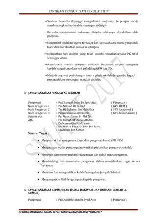 PANDUAN PENGURUSAN SEKOLAH 2017
• Sentiasa bersedia dipanggil mengadakan mesyuarat tergempar untuk
membincangkan kes-kes berat mengenai disiplin
• Bersedia menjalankan hukuman disiplin sekiranya diwakilkan oleh
pengetua.
• Mengambil tindakan segera terhadap kes-kes salahlaku murid yang tidak
berat dan merekodkan semua kes disiplin
• Melaporkan kes disiplin yang telah diambil tindakankepada PK HEM
seminggu sekali.
• Memastikan semua prosedur tindakan hukuman disiplin mengikut
kaedah yang ditetapkan oleh pekeliling KPM dan JPN.
• Menjadi pegawai perhubungan antara pihak sekolah dengan ibu bapa /
penjaga dalam menangani masalah disiplin.
3. JAWATANKUASA PENGAWAS SEKOLAH
Pengerusi : Pn.Sharipah Intan Bt Syed Aziz ( Pengetua )
Naib Pengerusi 1 : Pn .Nafsiah Bt Rashid ( GPK HEM )
Naib Pengerusi 2 : Tn. Hj. Suhaimi Bin Mohd Isa ( GPK Akademik )
Naib Pengerusi 3 : Pn.Norshuhada Bt Ramli ( GPK Kokurikulum )
Setiausaha : Pn. Nuurzilaima Bt Md Zin
AJK : Pn. Ruziah Bt Zainal Abidin
: En Nazruddin Bt Md nawi
: En Ahmad Fadhirul Fitri Bin Idris
: En.Azmie Bin Ahmad
Senarai Tugas :
• Menyenarai dan mengemukakan calon pengawas kepada PK HEM
• Mengadakan majlis penyampaian watikah perlantikan pengawas sekolah.
• Menyedia dan menerangkan bidang tugas dan jadual tugas pengawas.
• Membimbing dan membantu pengawas dalam menjalankan tugas secara
berkesan.
• Menubuh dan mengaktifkan Kelab Pencegahan Jenayah Sekolah.
• Menyampaikan Sijil Penghargaan kepada pengawas.
4. JAWATANKUASA KEPIMPINAN BADAN DAKWAH DAN ROHANI ( BADAR &
SUMUR)
Pengerusi : Pn.Sharifah Intan Bt Syed Aziz ( Pengetua )
SEKOLAH MENENGAH AGAMA REPAH TAMPIN/HEM/SMARTNFT5001/2017
 