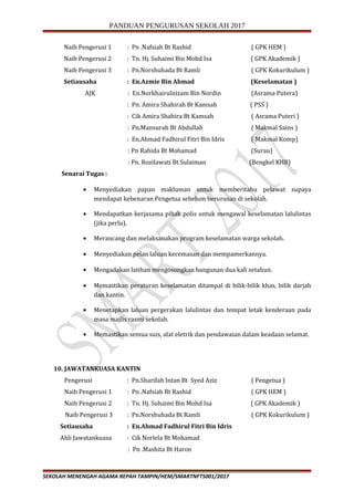 PANDUAN PENGURUSAN SEKOLAH 2017
Naib Pengerusi 1 : Pn .Nafsiah Bt Rashid ( GPK HEM )
Naib Pengerusi 2 : Tn. Hj. Suhaimi Bin Mohd Isa ( GPK Akademik )
Naib Pengerusi 3 : Pn.Norshuhada Bt Ramli ( GPK Kokurikulum )
Setiausaha : En.Azmie Bin Ahmad (Keselamatan )
AJK : En.Norkhairulnizam Bin Nordin (Asrama Putera)
: Pn. Amira Shahirah Bt Kamsah ( PSS )
: Cik Amira Shahira Bt Kamsah ( Asrama Puteri )
: Pn.Mansurah Bt Abdullah ( Makmal Sains )
: En.Ahmad Fadhirul Fitri Bin Idris ( Makmal Komp)
: Pn Rahida Bt Mohamad (Surau)
: Pn. Rozilawati Bt Sulaiman (Bengkel KHB)
Senarai Tugas :
• Menyediakan papan makluman untuk memberitahu pelawat supaya
mendapat kebenaran Pengetua sebelum berurusan di sekolah.
• Mendapatkan kerjasama pihak polis untuk mengawal keselamatan lalulintas
(jika perlu).
• Merancang dan melaksanakan program keselamatan warga sekolah.
• Menyediakan pelan laluan kecemasan dan mempamerkannya.
• Mengadakan latihan mengosongkan bangunan dua kali setahun.
• Memastikan peraturan keselamatan ditampal di bilik-bilik khas, bilik darjah
dan kantin.
• Menetapkan laluan pergerakan lalulintas dan tempat letak kenderaan pada
masa majlis rasmi sekolah.
• Memastikan semua suis, alat eletrik dan pendawaian dalam keadaan selamat.
10. JAWATANKUASA KANTIN
Pengerusi : Pn.Sharifah Intan Bt Syed Aziz ( Pengetua )
Naib Pengerusi 1 : Pn .Nafsiah Bt Rashid ( GPK HEM )
Naib Pengerusi 2 : Tn. Hj. Suhaimi Bin Mohd Isa ( GPK Akademik )
Naib Pengerusi 3 : Pn.Norshuhada Bt Ramli ( GPK Kokurikulum )
Setiausaha : En.Ahmad Fadhirul Fitri Bin Idris
Ahli Jawatankuasa : Cik Norlela Bt Mohamad
: Pn .Mashita Bt Haron
SEKOLAH MENENGAH AGAMA REPAH TAMPIN/HEM/SMARTNFT5001/2017
 
