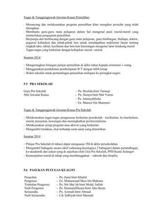 Tugas & Tanggungjawab Jawatan Kuasa Pemulihan
-

-

Merancang dan melaksanakan program pemulihan khas mengikut prosidur yang telah
ditetapkan
Membantu guru-guru mata pelajaran dalam hal mengenal pasti murid-murid yang
memerlukan pengajaran pemulihan
Berjumpa dan berbincang dengan guru mata pelajaran, guru bimbingan, ibubapa, doktor,
pegawai kebajikan dan pihak-pihak lain untuk mendapatkan maklumat lanjut tentang
tingkah laku, tabiat, kesihatan dan lain-lain keterangan mengenai latar belakang murid
Tugas-tugas yang berkaitan dengan kebajikan murid - murid.

Sasaran 2014
- Mengurangkan bilangan pelajar pemulihan di akhir tahun kepada minimum 1 orang
- Menggunakan pendekatan pembelajaran ICT dengan lebih kerap
- Wakil sekolah untuk pertandingan pemulihan melepasi ke peringkat negeri.

5.5 PRA SEKOLAH
Guru Pra Sekolah
Ahli Jawatan Kuasa

-

Pn. Ruslida binti Tarmuji
Pn. Suraya binti Mat Yunus
Pn. JamaiyahSulai
En. Mansor bin Shamsuri

Tugas & Tanggungjawab Jawatan Kuasa Pra Sekolah
- Melaksanakan tugas-tugas pengurusan berkaitan prasekolah : kurikulum, ko-kurikulum,
murid, prasarana, kewangan dan meningkatkan profesionalisme
- Melaksanakan setiap program atau aktiviti yang berkaitan
- Mengambil tindakan, ikut terhadap surat-surat yang diminitkan
Sasaran 2014
- Pelajar Pra Sekolah (6 tahun) dapat menguasai 3M di akhir persekolahan
- Mengambil bahagian secara aktif (sekurang-kurangnya 2 bahagian) dalam pertandingan,
ko-akademik dan sukan yang di anjurkan oleh Unit Pra Sekolah, PPD Kuala Selangor
- Kemenjadian murid di tahap yang membanggakan – sahsiah dan disiplin.

5.6 PASUKAN PETUGAS KUALITI
Penasihat
Pengerusi
Timbalan Pengerusi
Naib Pengerusi
Setiausaha
Naib Setiausaha

-

Pn. Zaini binti Khalid
En. Mohammad Muis bin Mahmut
Pn. Siti Mar’ah binti Mohd. Salleh
Pn. HasniatulHusna binti Abu Husin
Pn. Azimah binti Ahmad
Cik Salbiyah binti Marsaid

 