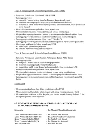 Tugas & Tanggungjawab Setiausaha Peperiksaan Awam (UPSR)
- Penyelaras Peperiksaan Percubaan UPSR & UPSR
- Bertanggungjawab :
a) menyedia / memaklumkan jadual waktu peperiksaan kepada calon
b) membuat susunan penyedia/pengawas/pemeriksa berkaitan Tahun 6
c) menentukan tarikh pemeriksaan kertas jawapan, lembaran markah, rekod prestasi dan
profil Tahun 6
- Membeli/menyimpan/mengeluarkan alatan peperiksaan
- Menyampaikan maklumat penting peperiksaan kepada calon/penjaga
- Menjalankan tugas tambahan dari semasa ke semasa yang diarahkan oleh Guru Besar
- Bertanggungjawab dalam urusan surat-menyurat berkaitan calon pindah pusat
- Bertanggungjawab dalam urusan Ujian Lisan/PEKA/PAFA
- Bertanggungjawab menganalisa dan menyerahkan keputusan peperiksaan kepada calon
- Menyimpan maklumat berkaitan peperiksaan UPSR :
a) nama/angka giliran/mata pelajaran
b) lain-lain berkaitan boring kemasukan calon
Tugas & Tanggungjawab Setiausaha Peperiksaan Dalaman (PKSR)
- Penyelaras Peperiksaan Ujian Bulanan, Pertengahan Tahun, Akhir Tahun
- Bertanggungjawab :
a) menyedia / memaklumkan jadual waktu peperiksaan
b) membuat susunan penyedia/pemeriksa berkaitan
c) menentukan tarikh pemeriksaan, lembaran markah, rekod prestasi dan LAB
- Membeli/menyimpan/mengeluarkan alatan peperiksaan
- Menyampaikan maklumat penting peperiksaan kepada murid-murid/penjaga
- Menjalankan tugas tambahan dari semasa ke semasa yang diarahkan oleh Guru Besar
- Bertanggungjawab menganalisa dan menyerahkan keputusan peperiksaan kepada PK
Tadbir
Sasaran 2014
- Mengurangkan kesilapan data dalam pendaftaran calon UPSR
- Mengemaskini maklumat atas talian dengan lebih cekap (kurang daripada 3 hari)
- Memaklumkan maklumat terkini kepada guru dalam tempoh kurang daripada 3 hari
bekerja selepas maklumat diperolehi
4.2 PENTAKSIRAN BERASASKAN SEKOLAH – UJIAN PENCAPAIAN
SEKOLAH RENDAH (PBS-UPSR)
Setiausaha

- Pn. MaizatulAkma binti Kamarudin

Ketua Pentaksir Sekolah PLBS-BM
Ketua Pentaksir Sekolah PLBS-BM
Ketua Pentaksir Sekolah PEKA
Ketua Pentaksir Sekolah PAFA
Ahli Jawatan Kuasa

-

Pn. Norizah binti Adullah
En. ZakieErwan bin Abd. Rahman
Pn. Saadiah binti Sabari
En. Mansor bin Shamsuri
Pentaksir Sekolah

 