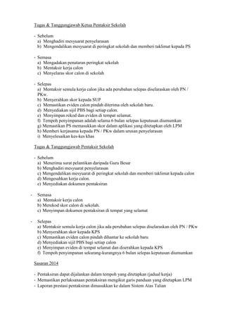 Tugas & Tanggungjawab Ketua Pentaksir Sekolah
- Sebelum
a) Menghadiri mesyuarat penyelarasan
b) Mengendalikan mesyuarat di peringkat sekolah dan memberi taklimat kepada PS
- Semasa
a) Mengadakan penataran peringkat sekolah
b) Mentaksir kerja calon
c) Menyelaras skor calon di sekolah
- Selepas
a) Mentaksir semula kerja calon jika ada perubahan selepas diselaraskan oleh PN /
PKw.
b) Menyerahkan skor kepada SUP
c) Memastikan eviden calon pindah diterima oleh sekolah baru.
d) Menyediakan sijil PBS bagi setiap calon.
e) Menyimpan rekod dan eviden di tempat selamat.
f) Tempoh penyimpanan adalah selama 6 bulan selepas keputusan diumumkan
g) Memastikan PS memasukkan skor dalam aplikasi yang ditetapkan oleh LPM
h) Memberi kerjasama kepada PN / PKw dalam urusan penyelarasan
i) Menyelesaikan kes-kes khas
Tugas & Tanggungjawab Pentaksir Sekolah
- Sebelum
a) Menerima surat pelantikan daripada Guru Besar
b) Menghadiri mesyuarat penyelarasan
c) Mengendalikan mesyuarat di peringkat sekolah dan memberi taklimat kepada calon
d) Mengesahkan kerja calon.
e) Menyediakan dokumen pentaksiran
-

Semasa
a) Mentaksir kerja calon
b) Merekod skor calon di sekolah.
c) Menyimpan dokumen pentaksiran di tempat yang selamat

-

Selepas
a) Mentaksir semula kerja calon jika ada perubahan selepas diselaraskan oleh PN / PKw
b) Menyerahkan skor kepada KPS
c) Memastikan eviden calon pindah dihantar ke sekolah baru
d) Menyediakan sijil PBS bagi setiap calon
e) Menyimpan eviden di tempat selamat dan diserahkan kepada KPS
f) Tempoh penyimpanan sekurang-kurangnya 6 bulan selepas keputusan diumumkan
Sasaran 2014
- Pentaksiran dapat dijalankan dalam tempoh yang ditetapkan (jadual kerja)
- Memastikan perlaksanaan pentaksiran mengikut garis panduan yang ditetapkan LPM
- Laporan prestasi pentaksiran dimasukkan ke dalam Sistem Atas Talian

 