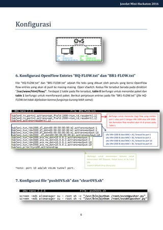 6
Jawdat Mini-Hackaton 2016
Konfigurasi
6. Konfigurasi OpenFlow Entries “HQ-FLOW.txt” dan “BR1-FLOW.txt”
File “HQ-FLOW.txt” dan “BR1-FLOW.txt” adalah file teks yang dibuat oleh penulis yang berisi OpenFlow
flow entries yang akan di push ke masing-masing Open vSwitch. Kedua file tersebut berada pada direktori
“/var/www/html/flow/”. Terdapat 2 table pada file tersebut, table 0 berfungsi untuk menandai paket dan
table 1 berfungsi untuk memforward paket. Berikut penjelasan entries pada file “BR1-FLOW.txt” (file HQ-
FLOW.txt tidak dijelaskan karena fungsinya kurang lebih sama):
*note: port 10 adalah VXLAN tunnel port.
7. Konfigurasi file “pushOVS.sh” dan “clearOVS.sh”
Berfungsi untuk menandai (tag) flow yang melalui
port 1 atau port 2 dengan VNI 1000 atau VNI 2000,
dan kemudian flow tersebut akan di di proses pada
Table 1.
-jika VNI=1000 & dest.MAC=::A2, forward ke port 1
-jika VNI=2000 & dest.MAC=::B2, forward ke port 2
-jika VNI=1000 & dest.MAC=::A1, forward ke port 10
-jika VNI=2000 & dest.MAC=::B1, forward ke port 10
-Berfungsi untuk menentukan kemana untuk
meneruskan ARP Request. Dalam kasus ini ke Local
VM.
-Explicit default drop (deny any)
 