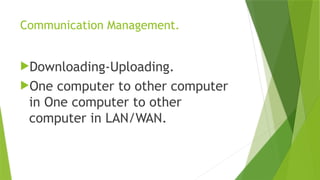 Communication Management.
Downloading-Uploading.
One computer to other computer
in One computer to other
computer in LAN/WAN.
 