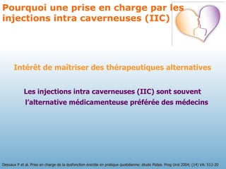 Intérêt de maîtriser des thérapeutiques alternatives Les injections intra caverneuses (IIC) sont souvent l’alternative médicamenteuse préférée des médecins Desvaux P et al. Prise en charge de la dysfonction érectile en pratique quotidienne: étude Pistes. Prog Urol 2004; (14) VA: 512-20 Pourquoi une prise en charge par les injections intra caverneuses (IIC) 