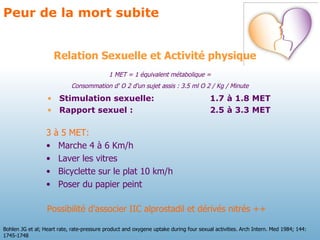 Peur de la mort subite Stimulation sexuelle:    1.7 à 1.8 MET Rapport sexuel :     2.5 à 3.3 MET Relation Sexuelle et Activité physique 1 MET = 1 équivalent métabolique = Consommation d' O 2 d'un sujet assis : 3.5 ml O 2 / Kg / Minute 3 à 5 MET: Marche 4 à 6 Km/h Laver les vitres Bicyclette sur le plat 10 km/h Poser du papier peint Bohlen JG et al; Heart rate, rate-pressure product and oxygene uptake during four sexual activities. Arch Intern. Med 1984; 144: 1745-1748 Possibilité d'associer IIC alprostadil et dérivés nitrés ++ 