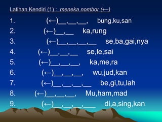 Latihan Kendiri (1) : meneka nombor (←)

1.           (←)__,__,__, bung,ku,san
2.          (←)__,__ ka,rung
3.           (←)__,__,__,__ se,ba,gai,nya
4.        (←)__,__,__ se,le,sai
5.        (←)__,__,__, ka,me,ra
6.         (←)__,__,__, wu,jud,kan
7.         (←)__,__,__,__ be,gi,tu,lah
8.       (←)__,__,__, Mu,ham,mad
9.         (←)__,__,__,___ di,a,sing,kan
 