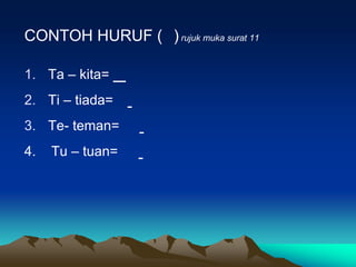 CONTOH HURUF ( ) rujuk muka surat 11

1. Ta – kita=
2. Ti – tiada=
3. Te- teman=
4.   Tu – tuan=
 