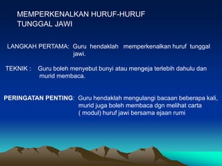 MEMPERKENALKAN HURUF-HURUF
    TUNGGAL JAWI

 LANGKAH PERTAMA: Guru hendaklah memperkenalkan huruf tunggal
                  jawi.

TEKNIK :   Guru boleh menyebut bunyi atau mengeja terlebih dahulu dan
           murid membaca.


PERINGATAN PENTING: Guru hendaklah mengulangi bacaan beberapa kali,
                    murid juga boleh membaca dgn melihat carta
                    ( modul) huruf jawi bersama ejaan rumi
 