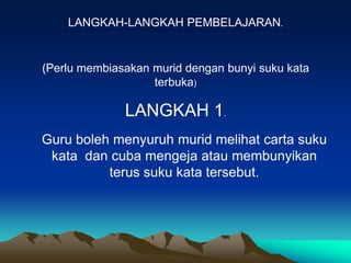 LANGKAH-LANGKAH PEMBELAJARAN.


(Perlu membiasakan murid dengan bunyi suku kata
                   terbuka)

              LANGKAH 1.
Guru boleh menyuruh murid melihat carta suku
 kata dan cuba mengeja atau membunyikan
          terus suku kata tersebut.
 