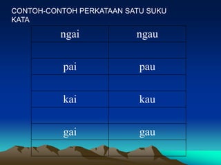CONTOH-CONTOH PERKATAAN SATU SUKU
KATA

          ngai            ngau

           pai             pau

           kai             kau

           gai             gau
 