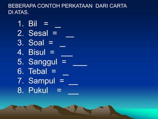 BEBERAPA CONTOH PERKATAAN DARI CARTA
DI ATAS.

  1.   Bil =
  2.   Sesal =
  3.   Soal =
  4.   Bisul =
  5.   Sanggul =
  6.   Tebal =
  7.   Sampul =
  8.   Pukul =
 