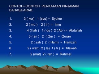 CONTOH- CONTOH PERKATAAN PINJAMAN
BAHASA ARAB.

1.    3 ( kur) 1 (syu) = Syukur
2.     2 ( mu )   2 ( il ) = ilmu
3.      4 (l lah ) 1 ( du ) 2 ( Ab ) = Abdullah
4.       3 ( an ) 2 ( Qur ) = Quran
5.        2 ( zah ) 2 ( Ham) = Hamzah
6.      2 ( wah) 2 ( la) 1 ( ti ) = Tilawah
7.        2 (mat) 2 ( rah ) = Rahmat
 