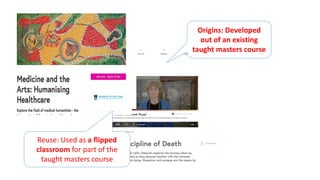 Origins: Developed
out of an existing
taught masters course
Reuse: Used as a flipped
classroom for part of the
taught masters course
 