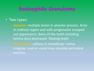 Eosinophilic Granuloma
• Two types:
– Alveolar- multiple lesion in alveolar process. Arise
in midroot region and with progression scooped
out appearance. Bone of the teeth including
lamina dura destroyed- floating teeth
– Intraosseus- solitary in mandibular ramus.
Irregular, oval or round may simulate periosteal
reaction.
 
