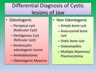 Differential Diagnosis of Cystic
lesions of Jaw
• Odontogenic
– Periapical cyst
(Radicular Cyst)
– Dentigerous Cyst
(follicular cyst)
– Keratocystic
odontogenic tumor
– Ameloblastoma
– Odontogenic Myxoma
• Non Odontogenic
– Simple bone cyst
– Aneurysmal bone
cyst
– Static bone cyst
– Osteomyelitis
– Multiple Myeloma/
Plasmocytoma
 