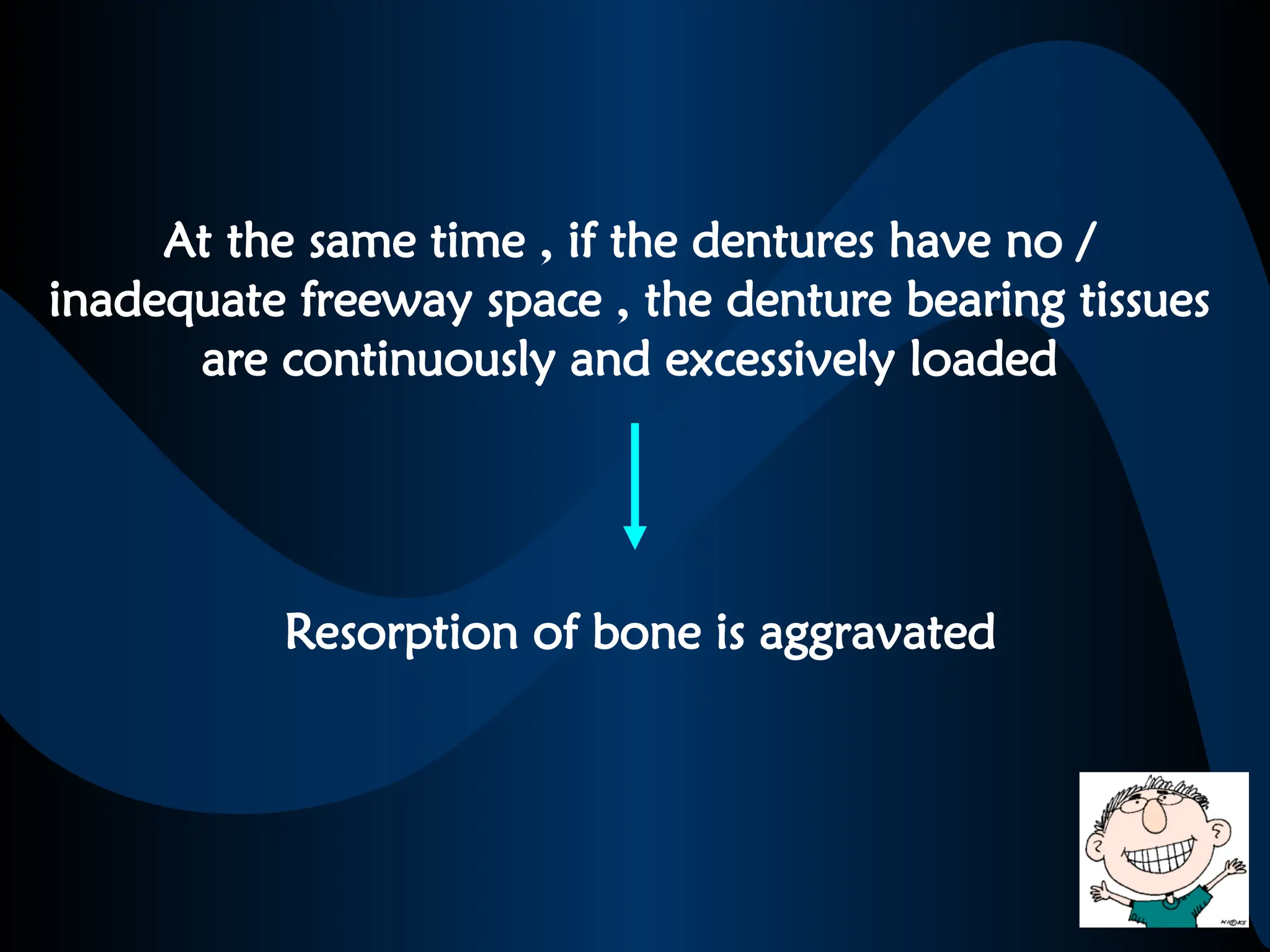 At the same time , if the dentures have no /
inadequate freeway space , the denture bearing tissues
are continuously and excessively loaded
Resorption of bone is aggravated
 