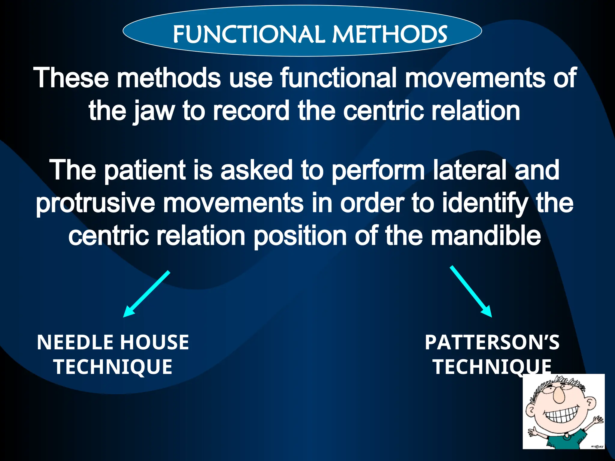 These methods use functional movements of
the jaw to record the centric relation
The patient is asked to perform lateral and
protrusive movements in order to identify the
centric relation position of the mandible
NEEDLE HOUSE
TECHNIQUE
PATTERSON’S
TECHNIQUE
FUNCTIONAL METHODS
 