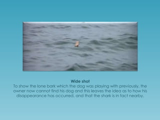 Wide shot
To show the lone bark which the dog was playing with previously, the
owner now cannot find his dog and this leaves the idea as to how his
disappearance has occurred, and that the shark is in fact nearby.

 