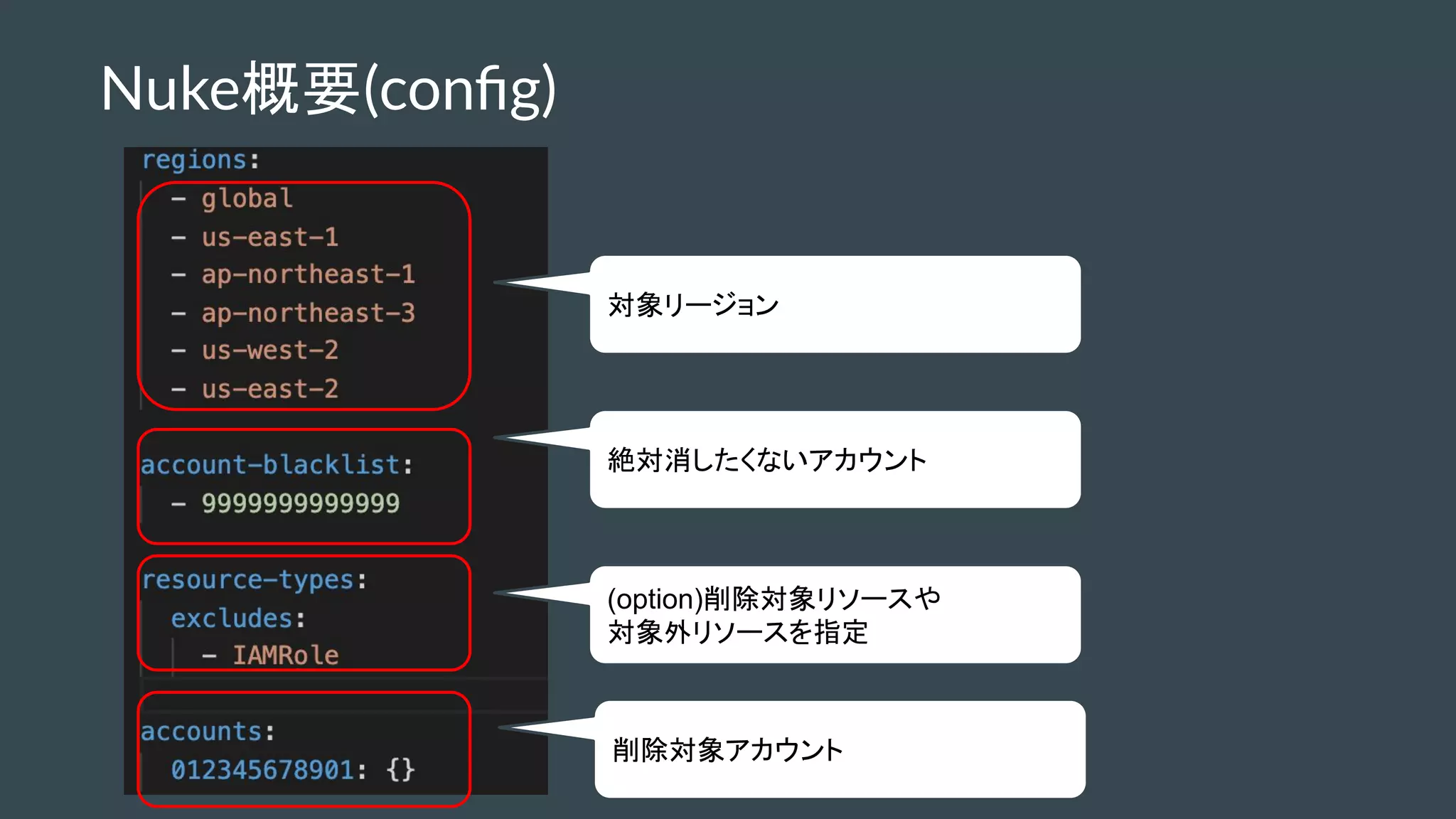 Nuke概要(conﬁg)
対象リージョン
絶対消したくないアカウント
(option)削除対象リソースや
対象外リソースを指定
削除対象アカウント
 