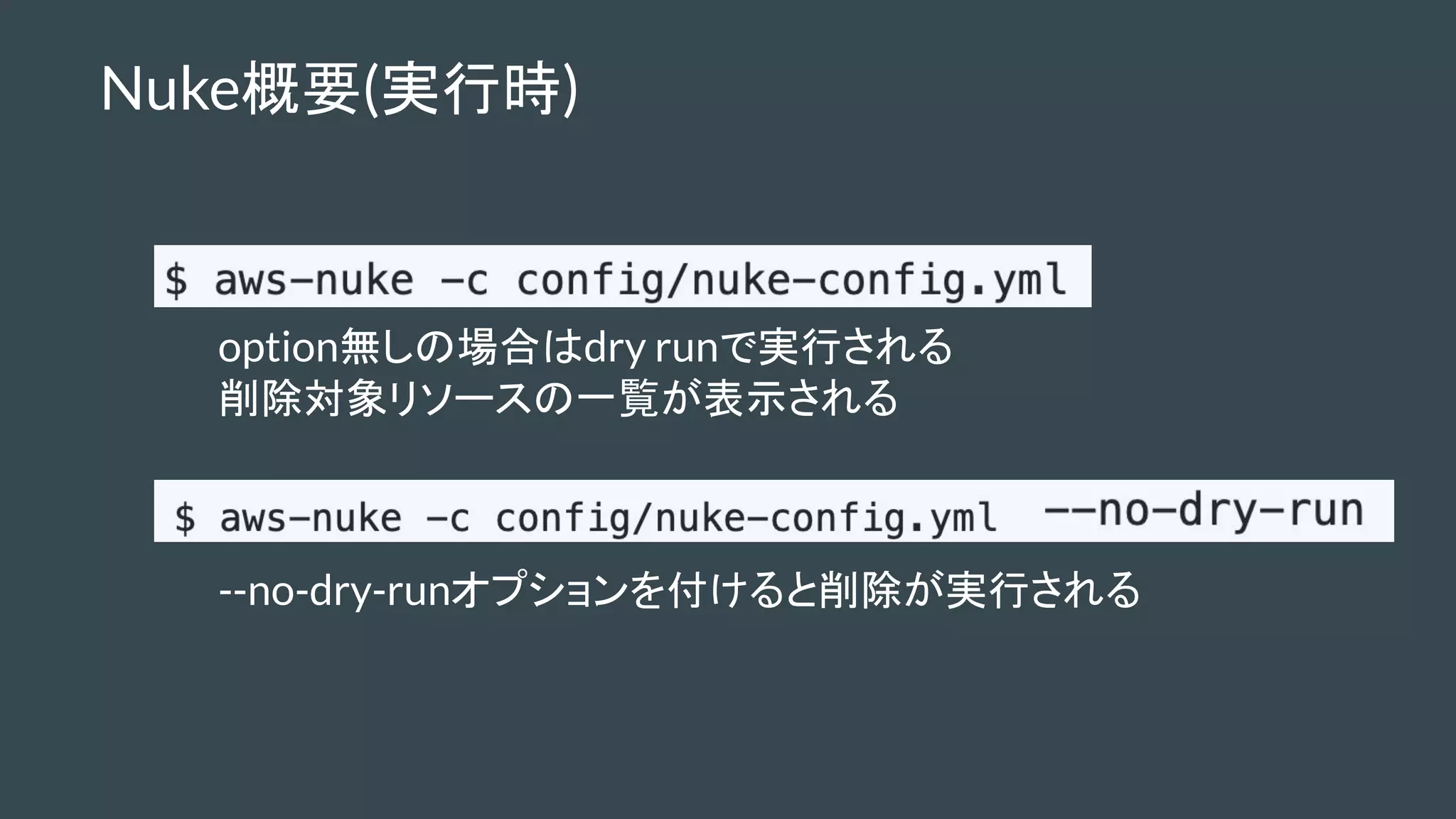 Nuke概要(実行時)
option無しの場合はdry runで実行される
削除対象リソースの一覧が表示される
--no-dry-runオプションを付けると削除が実行される
 