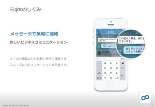 Copyright © Sansan, Inc. All rights reserved.
メッセージで気軽に連絡
新しいビジネスコミュニケーション
Eightのしくみ
12
メールや電話よりも気軽に相手に連絡でき、
スムーズなコミュニケーションが可能です。
 