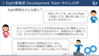 Copyright © Sansan, Inc. All rights reserved.
Eight開発はどんな感じ？
22
> Eight事業部 Development Team 中の⼈の声
明るくやってる。めっちゃSlack
で会話してる。職⼈的に直してく
る⼈がいるのがいい。
モバイルアプリエンジニアがiOS/Androidともに複数⼈いてレ
ビューしながら開発ができるのがよい。勉強会もよく開催して
いる。モバイルアプリエキスパートの著者(坂本さん)がいる。
⾃分勝⼿ではなく秩序あるフリーダム。
不真⾯⽬なことも真⾯⽬に開発している。
⼿の抜き⽅がうまい。ちゃんと叱ってくれる。
[注意] イラストと実際の⼈物は全く関係ありません
 
