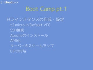 Boot Camp pt.1 
EC2インスタンスの作成・設定 
t2.micro in Default VPC 
SSH接続 
Apacheのインストール 
AMI化 
サーバーのスケールアップ 
EIPの付与 
 