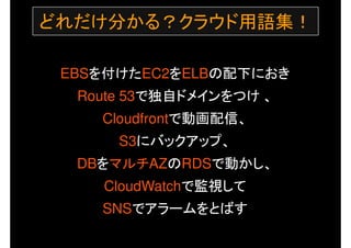 EBSを付けたEC2をELBの配下におき
Route 53で独自ドメインをつけ 、
Cloudfrontで動画配信、
S3にバックアップ、
DBをマルチAZのRDSで動かし、
CloudWatchで監視して
SNSでアラームをとばす
どれだけ分かる？クラウド用語集！
 