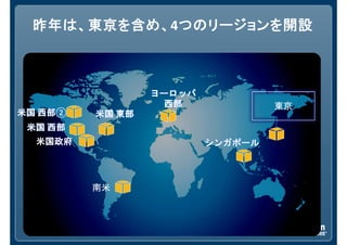 昨年は、東京を含め、昨年は、東京を含め、昨年は、東京を含め、昨年は、東京を含め、4つのリージョンを開設つのリージョンを開設つのリージョンを開設つのリージョンを開設
米国米国米国米国 西部西部西部西部
米国米国米国米国 東部東部東部東部
ヨーロッパヨーロッパヨーロッパヨーロッパ
西部西部西部西部
シンガポールシンガポールシンガポールシンガポール
東京
南米
米国米国米国米国 西部西部西部西部②②②②
米国政府米国政府米国政府米国政府
 