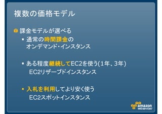 複数の価格モデル
課金モデルが選べる
通常の時間課金時間課金時間課金時間課金の
オンデマンド・インスタンス
ある程度継続して継続して継続して継続してEC2を使う(1年、3年)
EC2リザーブドインスタンス
入札を利用入札を利用入札を利用入札を利用してより安く使う
EC2スポットインスタンス
 