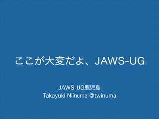 ここが大変だよ、JAWS-UG
JAWS-UG鹿児島
Takayuki Niinuma @twinuma

 