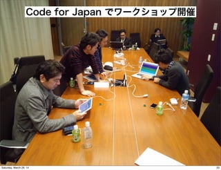 Code for Japan でワークショップ開催
33Saturday, March 29, 14
 
